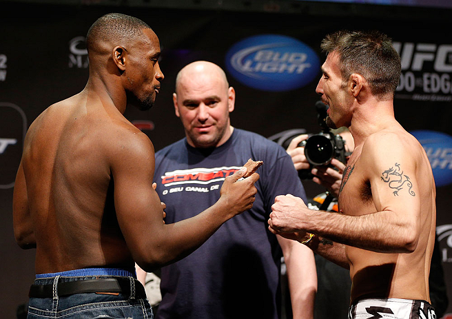 LAS VEGAS, NV - FEBRUARY 01:  (L-R) Opponents Yves Edwards and Isaac Vallie-Flag face off during the UFC 156 weigh-in on February 1, 2013 at Mandalay Bay Events Center in Las Vegas, Nevada.  (Photo by Josh Hedges/Zuffa LLC/Zuffa LLC via Getty Images)