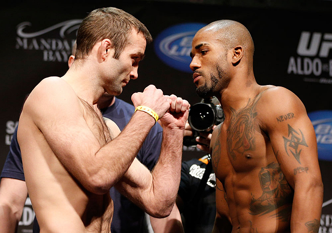 LAS VEGAS, NV - FEBRUARY 01:  (L-R) Opponents Jacob Volkmann and Bobby Green face off during the UFC 156 weigh-in on February 1, 2013 at Mandalay Bay Events Center in Las Vegas, Nevada.  (Photo by Josh Hedges/Zuffa LLC/Zuffa LLC via Getty Images)