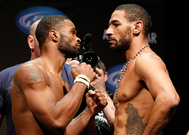 LAS VEGAS, NV - FEBRUARY 01:  (L-R) Opponents Tyron Woodley and Jay Hieron face off during the UFC 156 weigh-in on February 1, 2013 at Mandalay Bay Events Center in Las Vegas, Nevada.  (Photo by Josh Hedges/Zuffa LLC/Zuffa LLC via Getty Images)