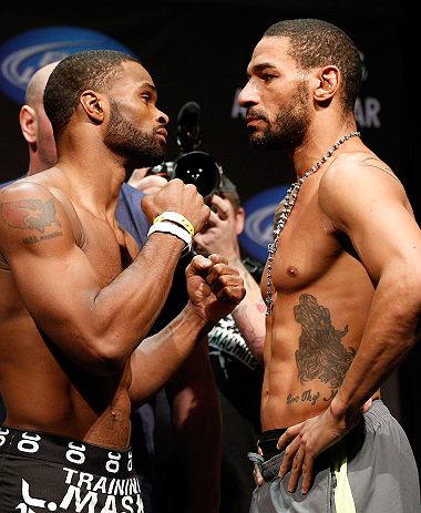 LAS VEGAS, NV - FEBRUARY 01:  (L-R) Opponents Tyron Woodley and Jay Hieron face off during the UFC 156 weigh-in on February 1, 2013 at Mandalay Bay Events Center in Las Vegas, Nevada.  (Photo by Josh Hedges/Zuffa LLC/Zuffa LLC via Getty Images)