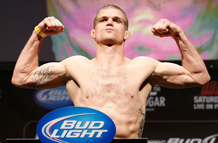 LAS VEGAS, NV - FEBRUARY 01:  Evan Dunham weighs in during the UFC 156 weigh-in on February 1, 2013 at Mandalay Bay Events Center in Las Vegas, Nevada.  (Photo by Josh Hedges/Zuffa LLC/Zuffa LLC via Getty Images)