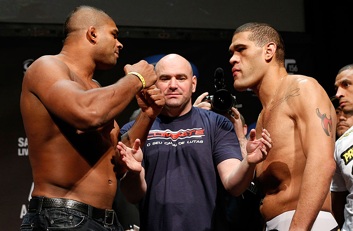 LAS VEGAS, NV - FEBRUARY 01:  (L-R) Opponents Alistair Overeem and Antonio "Bigfoot" Silva face off during the UFC 156 weigh-in on February 1, 2013 at Mandalay Bay Events Center in Las Vegas, Nevada.  (Photo by Josh Hedges/Zuffa LLC/Zuffa LLC via Getty Images)