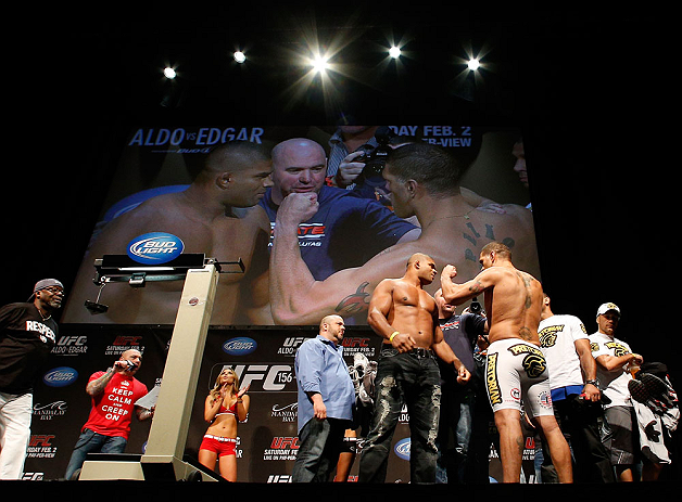 LAS VEGAS, NV - FEBRUARY 01:  (L-R) Opponents Alistair Overeem and Antonio "Bigfoot" Silva face off during the UFC 156 weigh-in on February 1, 2013 at Mandalay Bay Events Center in Las Vegas, Nevada.  (Photo by Josh Hedges/Zuffa LLC/Zuffa LLC via Getty Images)