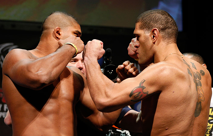 LAS VEGAS, NV - FEBRUARY 01:  (L-R) Opponents Alistair Overeem and Antonio "Bigfoot" Silva face off during the UFC 156 weigh-in on February 1, 2013 at Mandalay Bay Events Center in Las Vegas, Nevada.  (Photo by Josh Hedges/Zuffa LLC/Zuffa LLC via Getty Images)