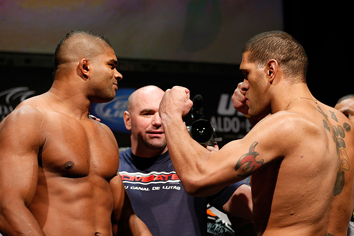 LAS VEGAS, NV - FEBRUARY 01:  (L-R) Opponents Alistair Overeem and Antonio "Bigfoot" Silva face off during the UFC 156 weigh-in on February 1, 2013 at Mandalay Bay Events Center in Las Vegas, Nevada.  (Photo by Josh Hedges/Zuffa LLC/Zuffa LLC via Getty Images)