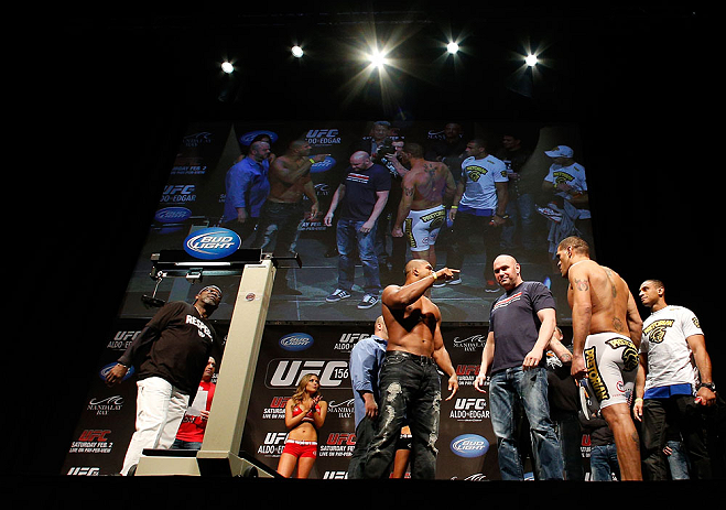 LAS VEGAS, NV - FEBRUARY 01:  (L-R) Opponents Alistair Overeem and Antonio "Bigfoot" Silva face off during the UFC 156 weigh-in on February 1, 2013 at Mandalay Bay Events Center in Las Vegas, Nevada.  (Photo by Josh Hedges/Zuffa LLC/Zuffa LLC via Getty Images)