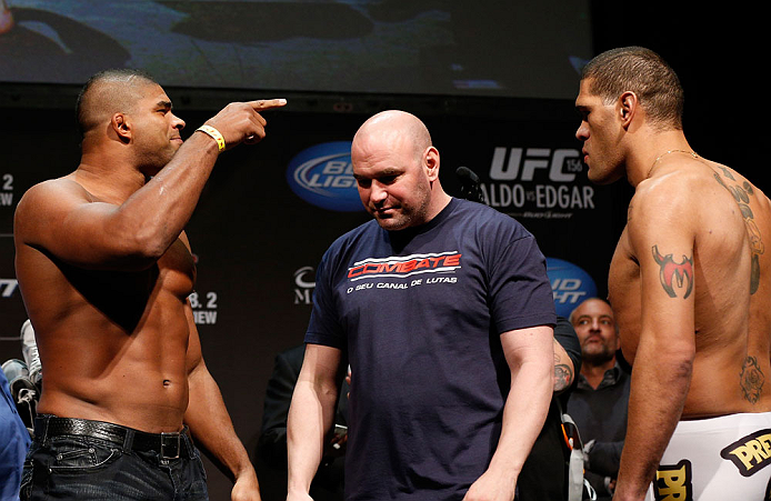LAS VEGAS, NV - FEBRUARY 01:  (L-R) Opponents Alistair Overeem and Antonio "Bigfoot" Silva face off during the UFC 156 weigh-in on February 1, 2013 at Mandalay Bay Events Center in Las Vegas, Nevada.  (Photo by Josh Hedges/Zuffa LLC/Zuffa LLC via Getty Images)