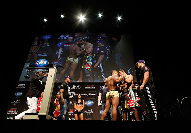 LAS VEGAS, NV - FEBRUARY 01:  (L-R) Opponents Rashad Evans and Antonio Rogerio Nogueira face off during the UFC 156 weigh-in on February 1, 2013 at Mandalay Bay Events Center in Las Vegas, Nevada.  (Photo by Josh Hedges/Zuffa LLC/Zuffa LLC via Getty Images)