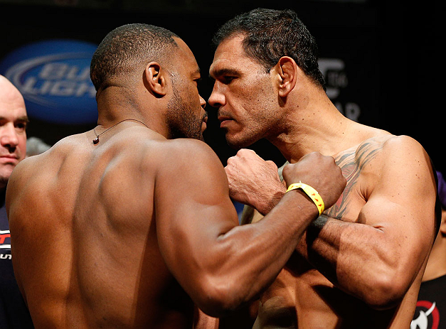 LAS VEGAS, NV - FEBRUARY 01:  (L-R) Opponents Rashad Evans and Antonio Rogerio Nogueira face off during the UFC 156 weigh-in on February 1, 2013 at Mandalay Bay Events Center in Las Vegas, Nevada.  (Photo by Josh Hedges/Zuffa LLC/Zuffa LLC via Getty Images)