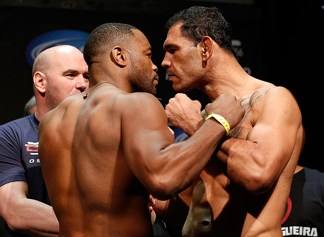 LAS VEGAS, NV - FEBRUARY 01:  (L-R) Opponents Rashad Evans and Antonio Rogerio Nogueira face off during the UFC 156 weigh-in on February 1, 2013 at Mandalay Bay Events Center in Las Vegas, Nevada.  (Photo by Josh Hedges/Zuffa LLC/Zuffa LLC via Getty Images)