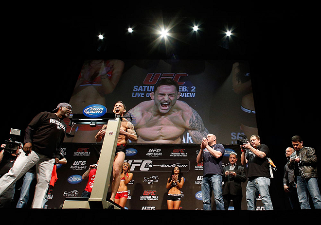 LAS VEGAS, NV - FEBRUARY 01:  Frankie Edgar weighs in during the UFC 156 weigh-in on February 1, 2013 at Mandalay Bay Events Center in Las Vegas, Nevada.  (Photo by Josh Hedges/Zuffa LLC/Zuffa LLC via Getty Images)