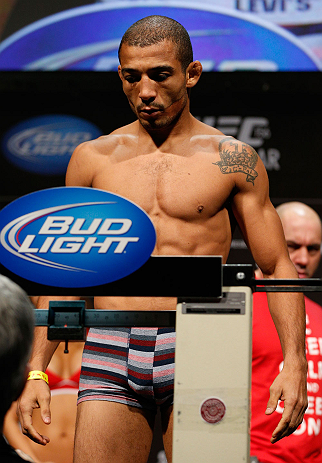 LAS VEGAS, NV - FEBRUARY 01:  Jose Aldo weighs in during the UFC 156 weigh-in on February 1, 2013 at Mandalay Bay Events Center in Las Vegas, Nevada.  (Photo by Josh Hedges/Zuffa LLC/Zuffa LLC via Getty Images)