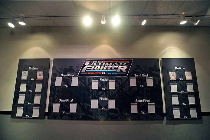 LAS VEGAS, NV - OCTOBER 29: A general view of the TUF 19 hallway tournament bracket during filming of season nineteen of The Ultimate Fighter on October 29, 2013 in Las Vegas, Nevada. (Photo by Jeff Bottari/Zuffa LLC/Zuffa LLC via Getty Images) *** Local Caption ***