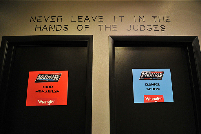 LAS VEGAS, NV - OCTOBER 29: A general view of the locker room doors before Team Penn fighter Daniel Spohn faces Team Edgar fighter Todd Monaghan in their preliminary fight during filming of season nineteen of The Ultimate Fighter on October 29, 2013 in Las Vegas, Nevada. (Photo by Jeff Bottari/Zuffa LLC/Zuffa LLC via Getty Images) *** Local Caption ***