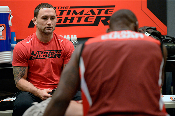 LAS VEGAS, NV - OCTOBER 29: (L-R) Coach Frankie Edgar speaks with his fighter Todd Monaghan before he faces Team Penn fighter Daniel Spohn in their preliminary fight during filming of season nineteen of The Ultimate Fighter on October 29, 2013 in Las Vegas, Nevada. (Photo by Jeff Bottari/Zuffa LLC/Zuffa LLC via Getty Images) *** Local Caption *** Frankie Edgar; Todd Monaghan