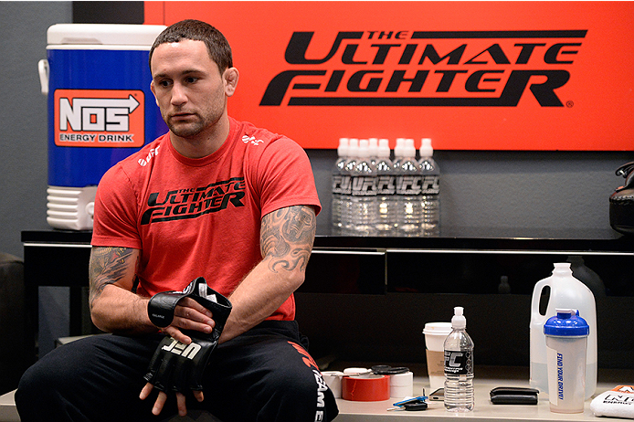LAS VEGAS, NV - OCTOBER 29: Coach Frankie Edgar sits in the locker room before his fighter Todd Monaghan faces Team Penn fighter Daniel Spohn in their preliminary fight during filming of season nineteen of The Ultimate Fighter on October 29, 2013 in Las Vegas, Nevada. (Photo by Jeff Bottari/Zuffa LLC/Zuffa LLC via Getty Images) *** Local Caption *** Frankie Edgar