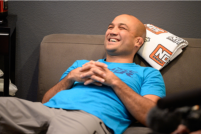 LAS VEGAS, NV - OCTOBER 29: Coach BJ Penn sits in the locker room before his fighter Daniel Spohn faces Team Edgar fighter Todd Monaghan in their preliminary fight during filming of season nineteen of The Ultimate Fighter on October 29, 2013 in Las Vegas, Nevada. (Photo by Jeff Bottari/Zuffa LLC/Zuffa LLC via Getty Images) *** Local Caption *** BJ Penn