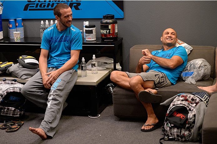LAS VEGAS, NV - OCTOBER 29: (L-R) Team Penn boxing coach Jason Parillo converses with Coach BJ Penn in the locker room before their fighter Daniel Spohn faces Team Edgar fighter Todd Monaghan in their preliminary fight during filming of season nineteen of The Ultimate Fighter on October 29, 2013 in Las Vegas, Nevada. (Photo by Jeff Bottari/Zuffa LLC/Zuffa LLC via Getty Images) *** Local Caption *** Jason Parillo; BJ Penn