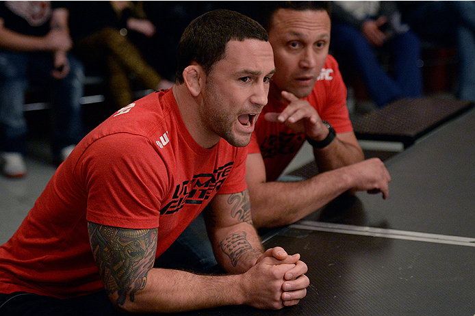 LAS VEGAS, NV - OCTOBER 29: Coach Frankie Edgar coaches Team Edgar fighter Todd Monaghan as he faces Team Penn fighter Daniel Spohn in their preliminary fight during filming of season nineteen of The Ultimate Fighter on October 29, 2013 in Las Vegas, Nevada. (Photo by Jeff Bottari/Zuffa LLC/Zuffa LLC via Getty Images) *** Local Caption ***Frankie Edgar