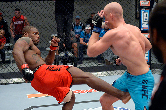 LAS VEGAS, NV - OCTOBER 29: (L-R) Team Edgar fighter Todd Monaghan kicks Team Penn fighter Daniel Spohn in their preliminary fight during filming of season nineteen of The Ultimate Fighter on October 29, 2013 in Las Vegas, Nevada. (Photo by Jeff Bottari/Zuffa LLC/Zuffa LLC via Getty Images) *** Local Caption ***Daniel Spohn; Todd Monaghan