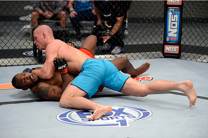 LAS VEGAS, NV - OCTOBER 29: (R-L) Team Penn fighter Daniel Spohn controls the body of Team Edgar fighter Todd Monaghan in their preliminary fight during filming of season nineteen of The Ultimate Fighter on October 29, 2013 in Las Vegas, Nevada. (Photo by Jeff Bottari/Zuffa LLC/Zuffa LLC via Getty Images) *** Local Caption ***Daniel Spohn; Todd Monaghan