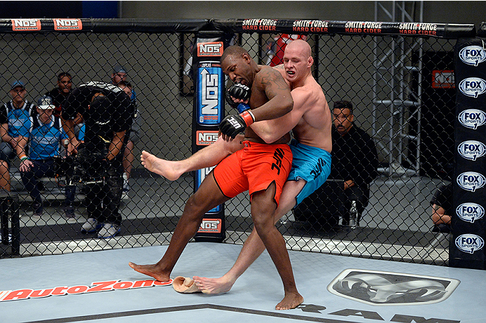 LAS VEGAS, NV - OCTOBER 29: (R-L) Team Penn fighter Daniel Spohn takes down Team Edgar fighter Todd Monaghan in their preliminary fight during filming of season nineteen of The Ultimate Fighter on October 29, 2013 in Las Vegas, Nevada. (Photo by Jeff Bottari/Zuffa LLC/Zuffa LLC via Getty Images) *** Local Caption ***Daniel Spohn; Todd Monaghan