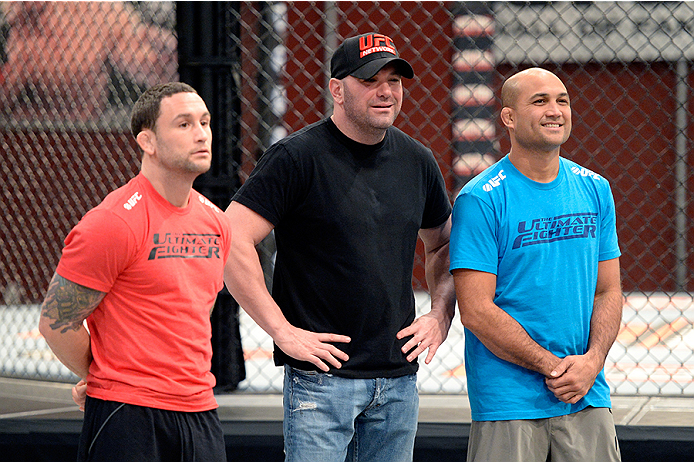 LAS VEGAS, NV - OCTOBER 29: (L-R) Coach Frankie Edgar, UFC President Dana White and Coach BJ Penn discusses the choices for the next matchup during filming of season nineteen of The Ultimate Fighter on October 29, 2013 in Las Vegas, Nevada. (Photo by Jeff Bottari/Zuffa LLC/Zuffa LLC via Getty Images) *** Local Caption *** BJ Penn; Frankie Edgar; Dana White