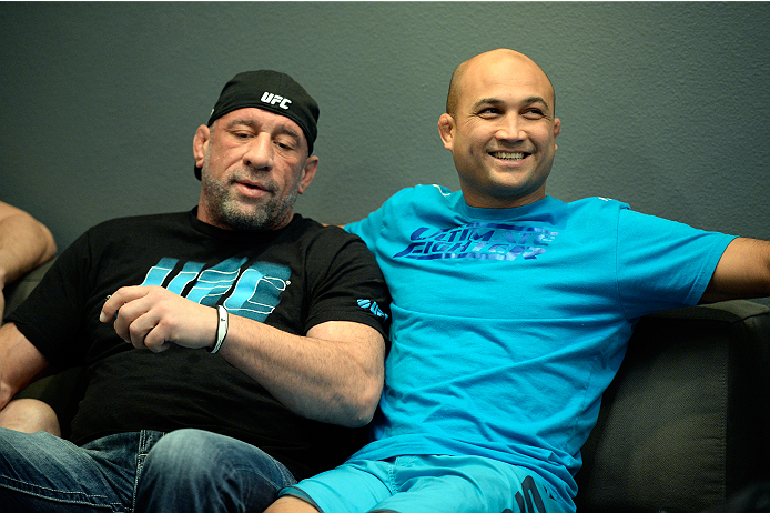 LAS VEGAS, NV - NOVEMBER 1: (L-R) Team Penn wrestling coach Mark Coleman jokes with coach BJ Penn during filming of season nineteen of The Ultimate Fighter on November 1, 2013 in Las Vegas, Nevada. (Photo by Jeff Bottari/Zuffa LLC/Zuffa LLC via Getty Images) *** Local Caption *** Mark Coleman; BJ Penn