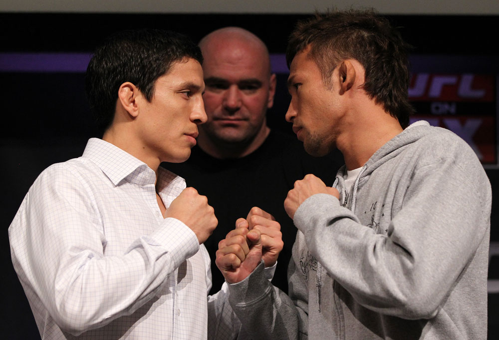 SYDNEY, AUSTRALIA - MARCH 01:  (L-R) Opponents Joseph Benavidez and Yashuhiro Urushitani face off during the UFC on FX press conference at the Star Casino on March 1, 2012 in Sydney, Australia.  (Photo by Josh Hedges/Zuffa LLC/Zuffa LLC via Getty Images) *** Local Caption *** Joseph Benavidez; Yashuhiro Urushitani