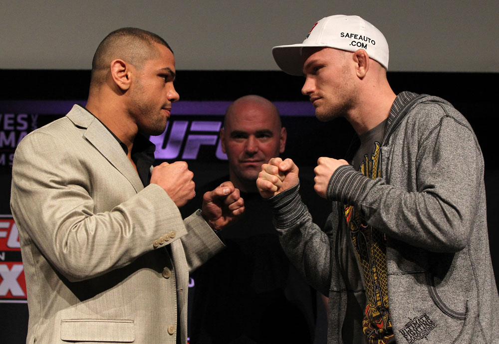 SYDNEY, AUSTRALIA - MARCH 01:  (L-R) Opponents Thiago Alves and Martin Kampmann face off during the UFC on FX press conference at the Star Casino on March 1, 2012 in Sydney, Australia.  (Photo by Josh Hedges/Zuffa LLC/Zuffa LLC via Getty Images) *** Local Caption *** Martin Kampmann; Thiago Alves