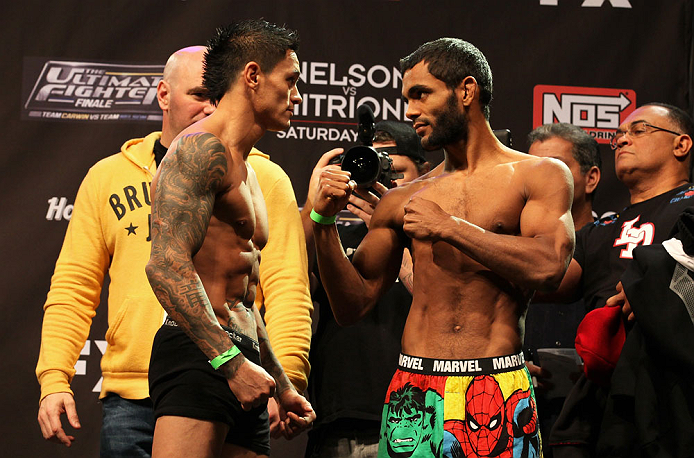 LAS VEGAS, NV - DECEMBER 14:  (L-R) Reuben Duran and Hugo Viana face off during TUF 16 Finale weigh in on December 14, 2012  at the Joint at the Hard Rock in Las Vegas, Nevada.  (Photo by Jim Kemper/Zuffa LLC/Zuffa LLC via Getty Images)