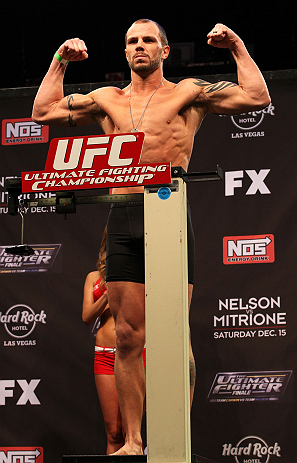 LAS VEGAS, NV - DECEMBER 14:  Nick Catone steps onto the scale during TUF 16 Finale weigh in on December 14, 2012  at the Joint at the Hard Rock in Las Vegas, Nevada.  (Photo by Jim Kemper/Zuffa LLC/Zuffa LLC via Getty Images)