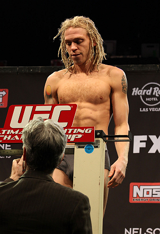 LAS VEGAS, NV - DECEMBER 14:  Jonathan Brookins weighs in during TUF 16 Finale weigh in on December 14, 2012  at the Joint at the Hard Rock in Las Vegas, Nevada.  (Photo by Jim Kemper/Zuffa LLC/Zuffa LLC via Getty Images)