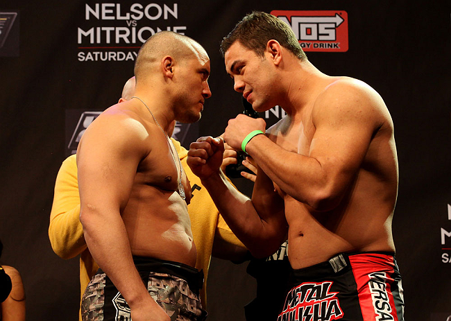 LAS VEGAS, NV - DECEMBER 14:  (L-R) Pat Barry and Shane Del Rosario face off during TUF 16 Finale weigh in on December 14, 2012  at the Joint at the Hard Rock in Las Vegas, Nevada.  (Photo by Jim Kemper/Zuffa LLC/Zuffa LLC via Getty Images)