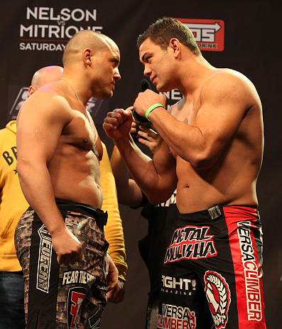 LAS VEGAS, NV - DECEMBER 14:  (L-R) Pat Barry and Shane Del Rosario face off during TUF 16 Finale weigh in on December 14, 2012  at the Joint at the Hard Rock in Las Vegas, Nevada.  (Photo by Jim Kemper/Zuffa LLC/Zuffa LLC via Getty Images)