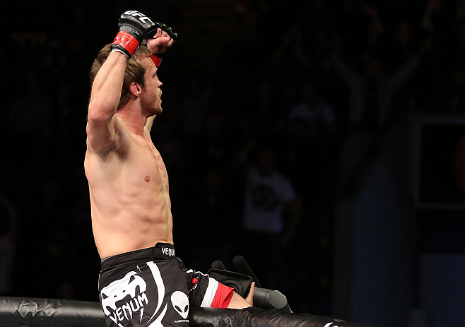 NOTTINGHAM, ENGLAND - SEPTEMBER 29: Brad Pickett reacts after knocking out Yves Jabouin during their bantamweight fight at the UFC on Fuel TV event at Capital FM Arena on September 29, 2012 in Nottingham, England. (Photo by Josh Hedges/Zuffa LLC/Zuffa LLC via Getty Images)