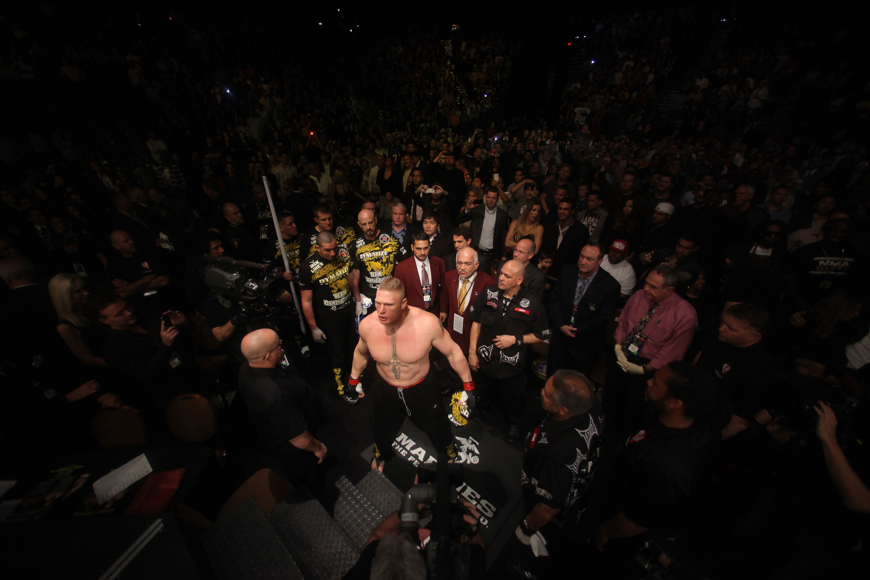 LAS VEGAS, NV - DECEMBER 30: Brock Lesnar prepares to enter the Octagon before his fight with Alistair Overeem during the UFC 141 event at the MGM Grand Garden Arena on December 30, 2011 in Las Vegas, Nevada. (Photo by Donald Miralle/Zuffa LLC/Zuffa LLC via Getty Images) *** Local Caption *** Brock Lesnar