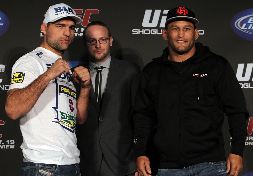 SAN FRANCISCO, CA - NOVEMBER 17: (L-R) Light Heavyweight opponents Mauricio "Shogun" Rua and Dan Henderson pose for photos at the UFC 139 pre-fight press conference at the Fort Mason Center on November 17, 2011 in San Francisco, California. (Photo by Josh Hedges/Zuffa LLC/Zuffa LLC via Getty Images)