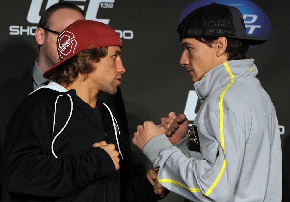 SAN FRANCISCO, CA - NOVEMBER 17: (L-R) Bantamweight opponents Urijah Faber and Brian Bowles face off at the UFC 139 pre-fight press conference at the Fort Mason Center on November 17, 2011 in San Francisco, California. (Photo by Josh Hedges/Zuffa LLC/Zuffa LLC via Getty Images)