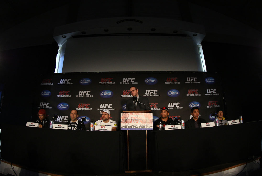 SAN FRANCISCO, CA - NOVEMBER 17: A general view of the fighters on the dais at the UFC 139 pre-fight press conference at the Fort Mason Center on November 17, 2011 in San Francisco, California. (Photo by Josh Hedges/Zuffa LLC/Zuffa LLC via Getty Images)
