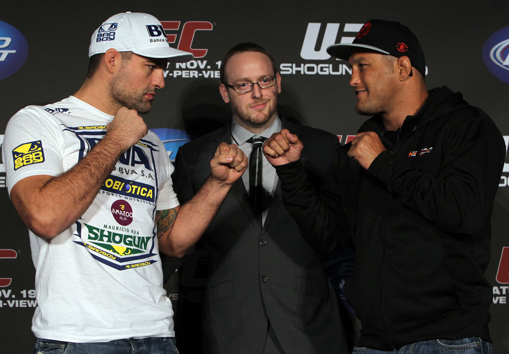SAN FRANCISCO, CA - NOVEMBER 17: (L-R) Light Heavyweight opponents Mauricio "Shogun" Rua and Dan Henderson face off at the UFC 139 pre-fight press conference at the Fort Mason Center on November 17, 2011 in San Francisco, California. (Photo by Josh Hedges/Zuffa LLC/Zuffa LLC via Getty Images)