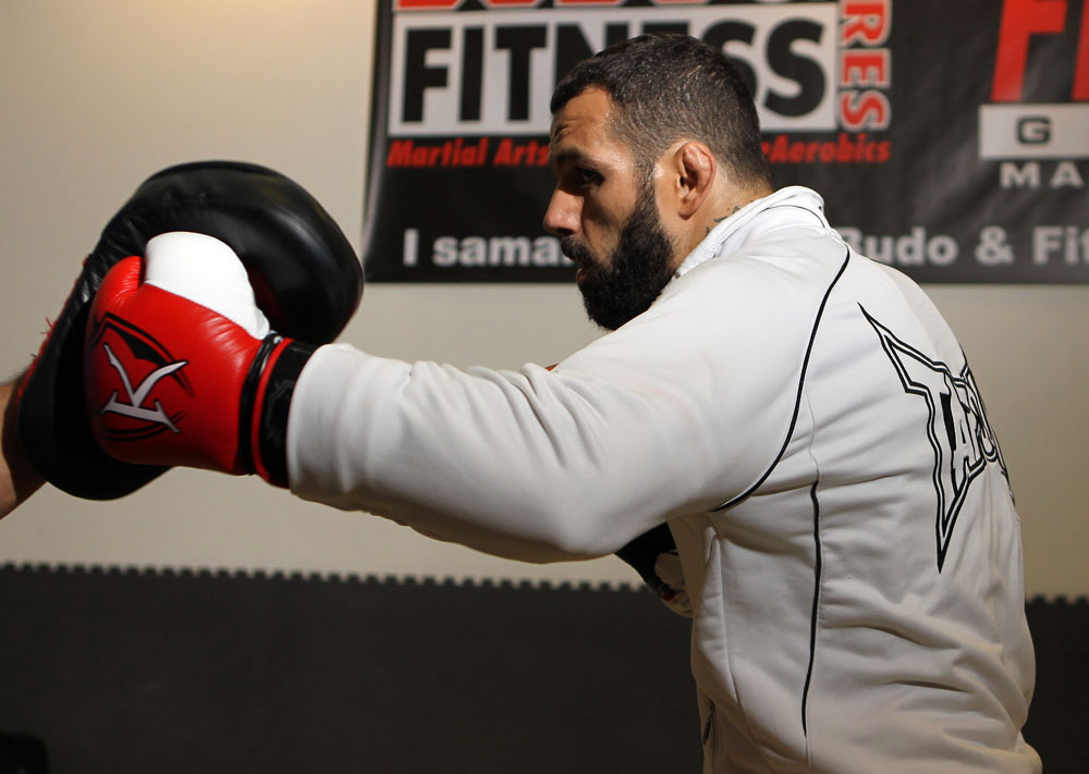 STOCKHOLM, SWEDEN - APRIL 11: Alessio Sakara works out for the media during the UFC open workouts at Pancrase Gym on April 11, 2012 in Stockholm, Sweden. (Photo by Josh Hedges/Zuffa LLC/Zuffa LLC via Getty Images)