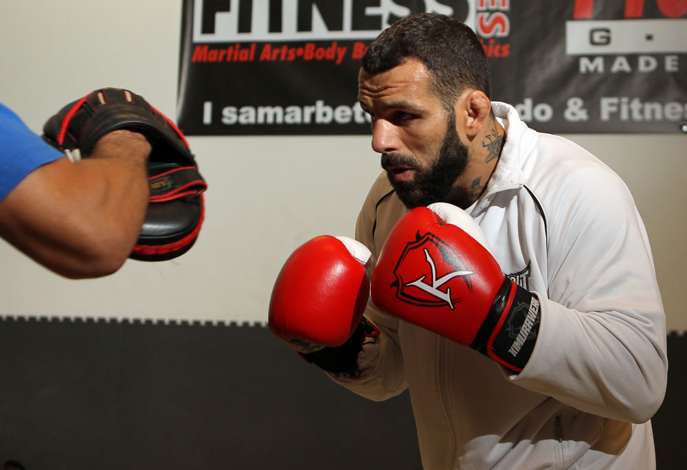 STOCKHOLM, SWEDEN - APRIL 11:  Alessio Sakara works out for the media during the UFC open workouts at Pancrase Gym on April 11, 2012 in Stockholm, Sweden.  (Photo by Josh Hedges/Zuffa LLC/Zuffa LLC via Getty Images)