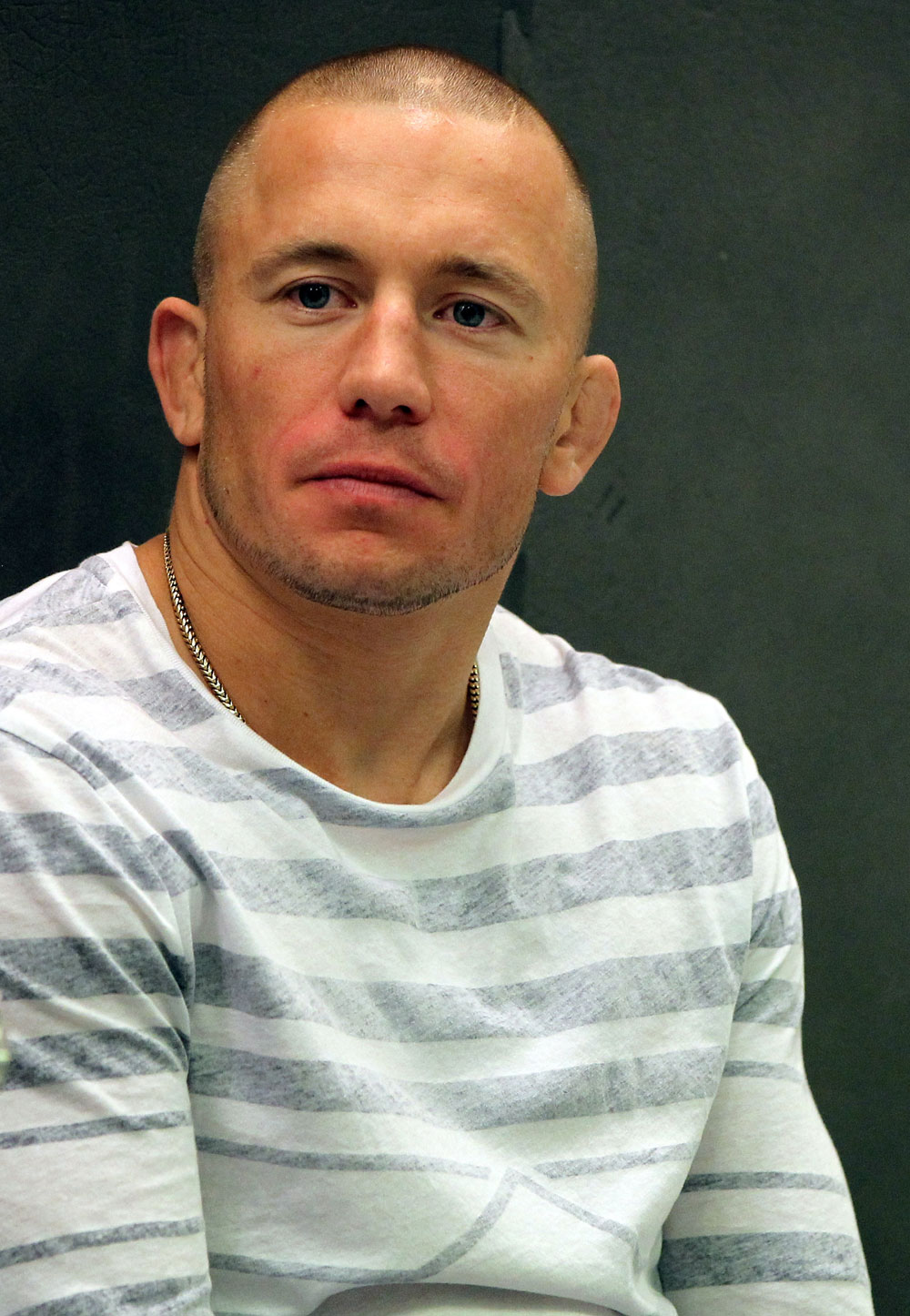 STOCKHOLM, SWEDEN - APRIL 11: UFC Welterweight Champion Georges St-Pierre of Canada attends the UFC open workouts at Pancrase Gym on April 11, 2012 in Stockholm, Sweden. (Photo by Josh Hedges/Zuffa LLC/Zuffa LLC via Getty Images)