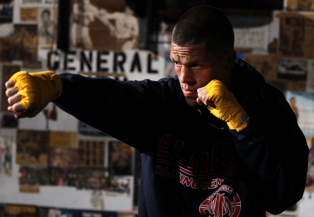 NEW YORK, NY - MAY 02: Nate Diaz works out for the fans and media during the UFC on FOX open workouts at Church Street Boxing Gym on May 2, 2012 in New York City. (Photo by Josh Hedges/Zuffa LLC/Zuffa LLC via Getty Images)