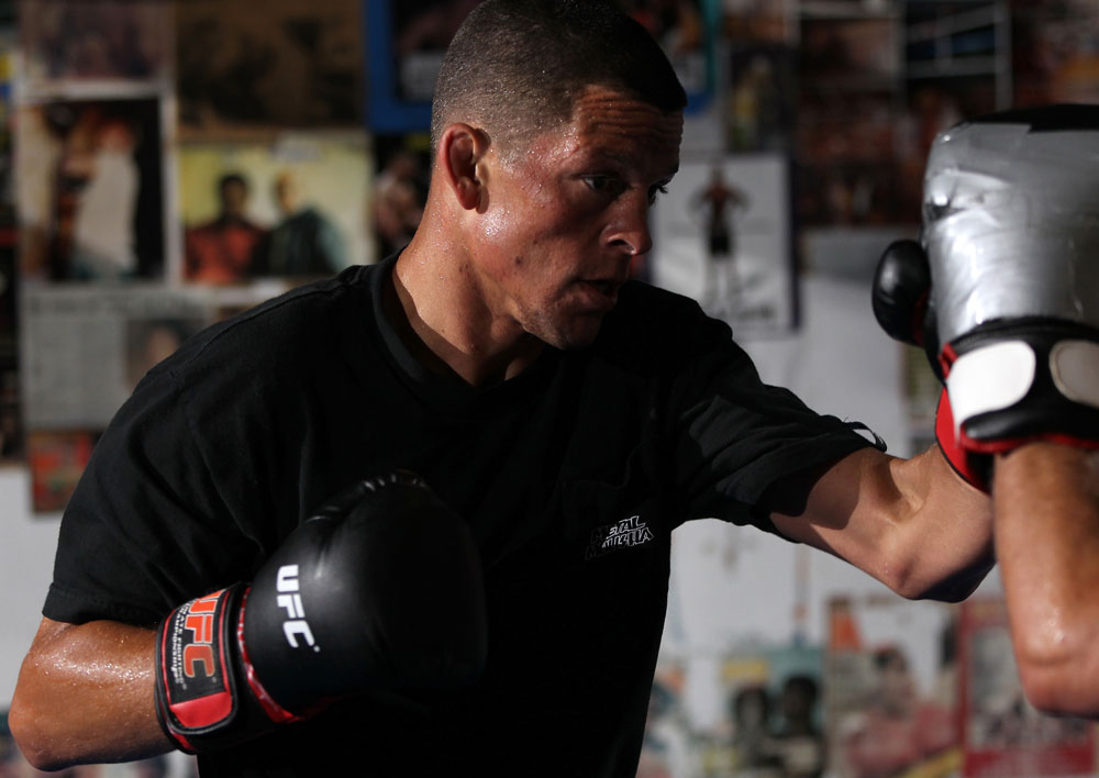 NEW YORK, NY - MAY 02: Nate Diaz works out for the fans and media during the UFC on FOX open workouts at Church Street Boxing Gym on May 2, 2012 in New York City. (Photo by Josh Hedges/Zuffa LLC/Zuffa LLC via Getty Images)