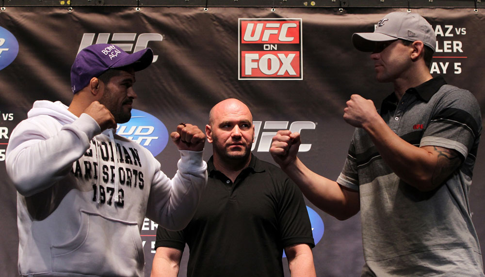 NEW YORK, NY - MAY 03: (L-R) Middleweight opponents Rousimar Palhares and Alan Belcher face off during the UFC on FOX pre-fight press conference at Beacon Theatre on May 3, 2012 in New York City. (Photo by Josh Hedges/Zuffa LLC/Zuffa LLC via Getty Images)