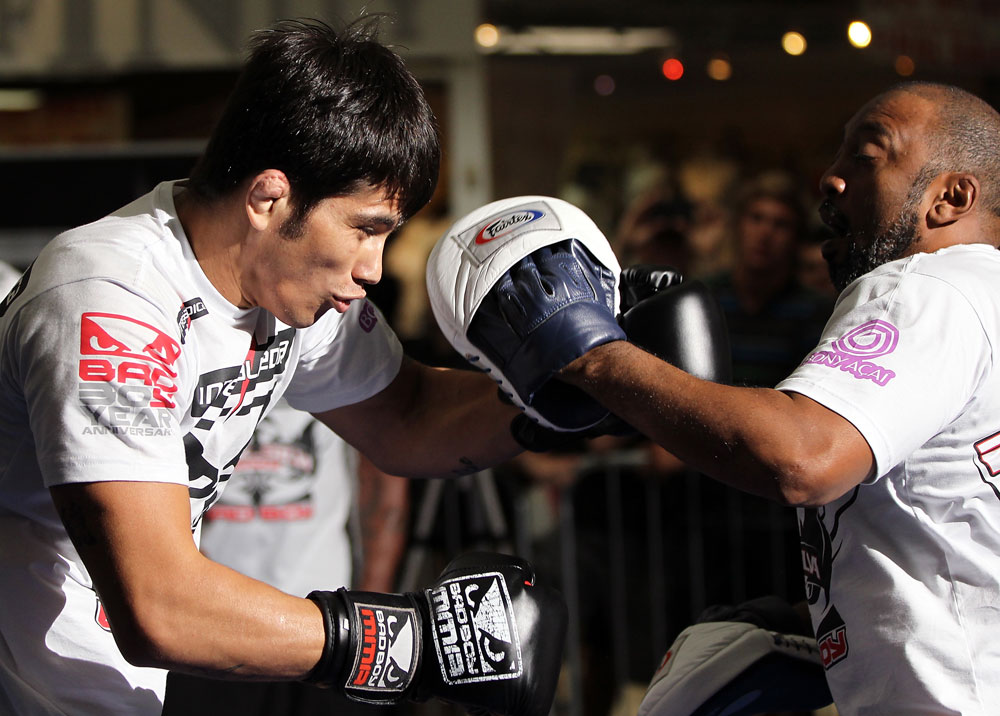 SUNRISE, FL - JUNE 06:   Erick Silva works out for fans and media during the UFC open workouts at Sawgrass Mills Mall on June 6, 2012 in Sunrise, Florida.  (Photo by Josh Hedges/Zuffa LLC/Zuffa LLC via Getty Images)