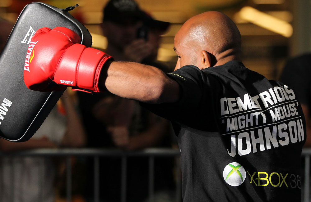 SUNRISE, FL - JUNE 06:   Demetrious Johnson works out for fans and media during the UFC open workouts at Sawgrass Mills Mall on June 6, 2012 in Sunrise, Florida.  (Photo by Josh Hedges/Zuffa LLC/Zuffa LLC via Getty Images)