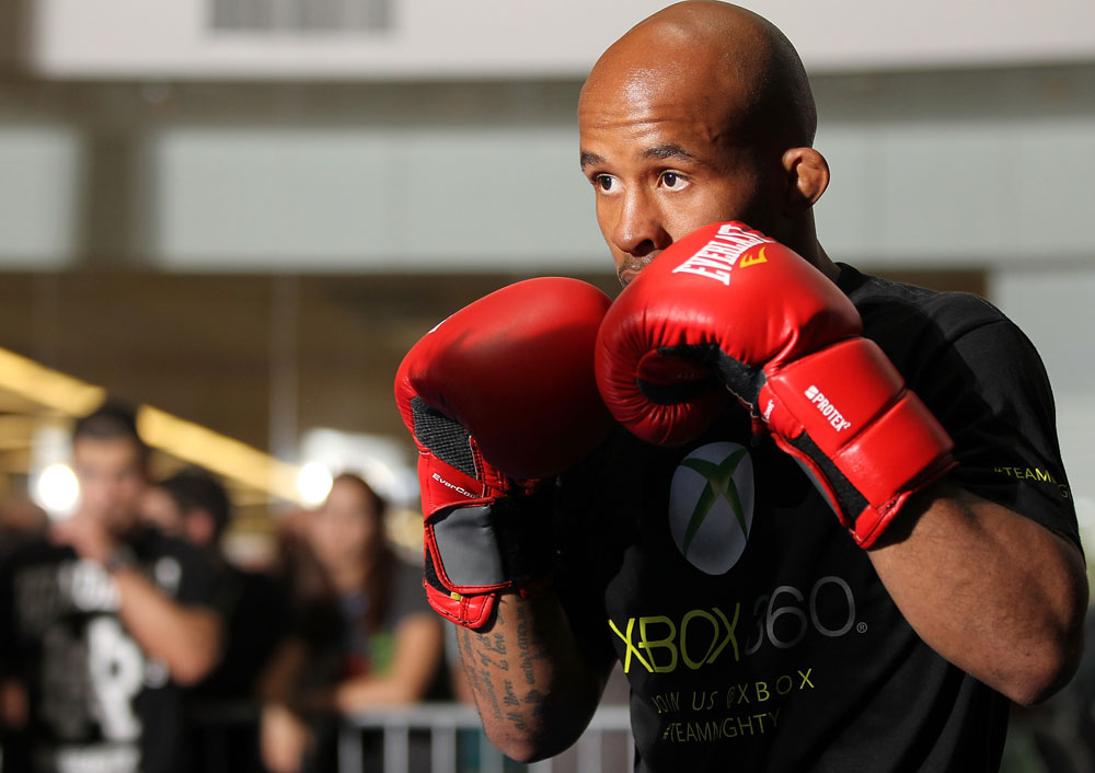 SUNRISE, FL - JUNE 06:   Demetrious Johnson works out for fans and media during the UFC open workouts at Sawgrass Mills Mall on June 6, 2012 in Sunrise, Florida.  (Photo by Josh Hedges/Zuffa LLC/Zuffa LLC via Getty Images)